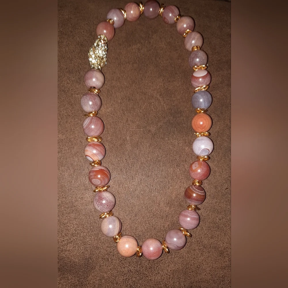 Banded agate set bead necklace pave crystal clasp matching gemstone earrings - Picture 10 of 16